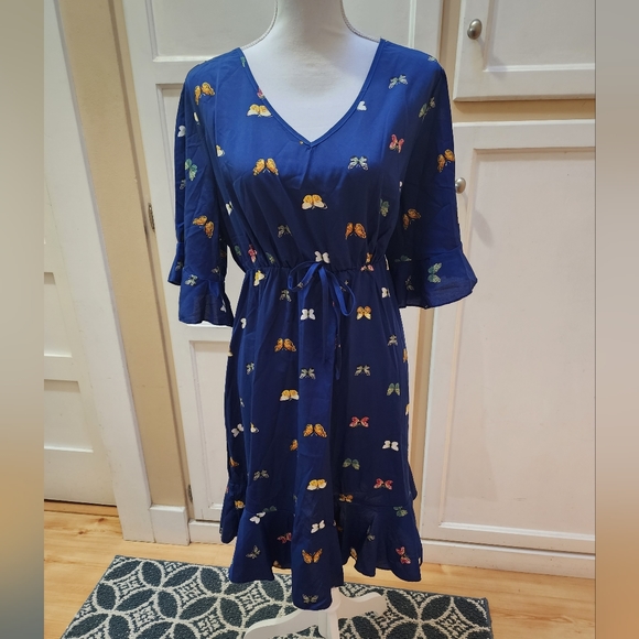 SHEIN Women's Butterfly Print, Flounce Sleeve, Hem Knot Front Dress NWOT - Picture 6 of 14